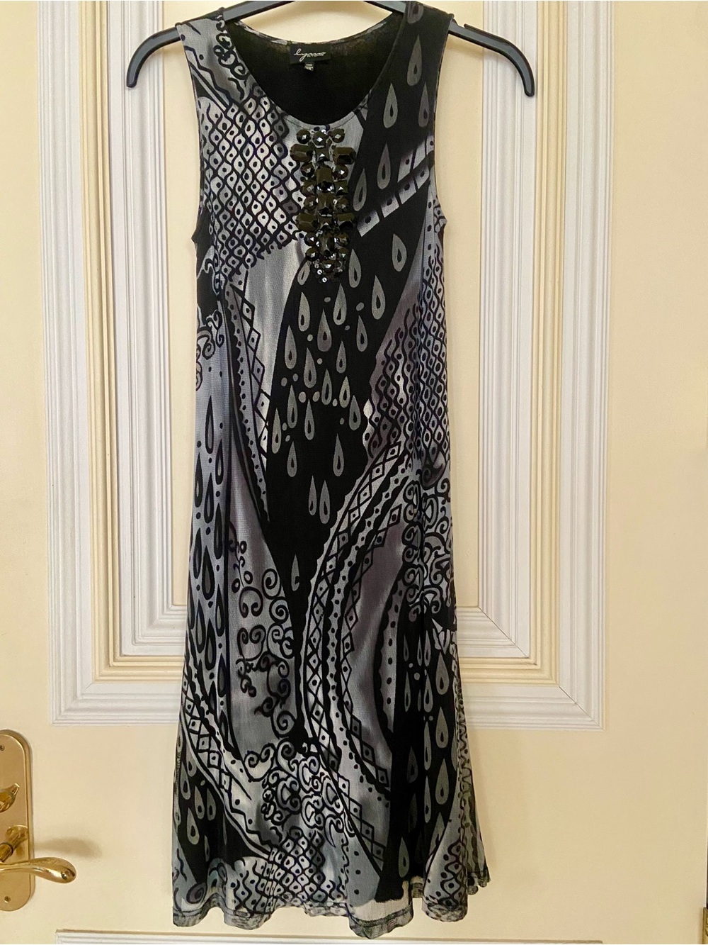 Lynn Ritchie Midi Sleeveless Dress Black&White Black Beaded Front Detail Size XS